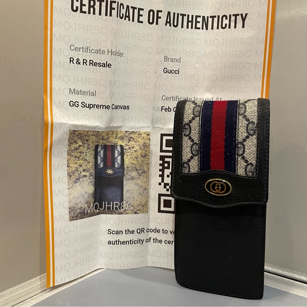 Used Gucci VTG Sherry Lined Stripe Blue Cigarette Pouch Logo Leather Case Auth!